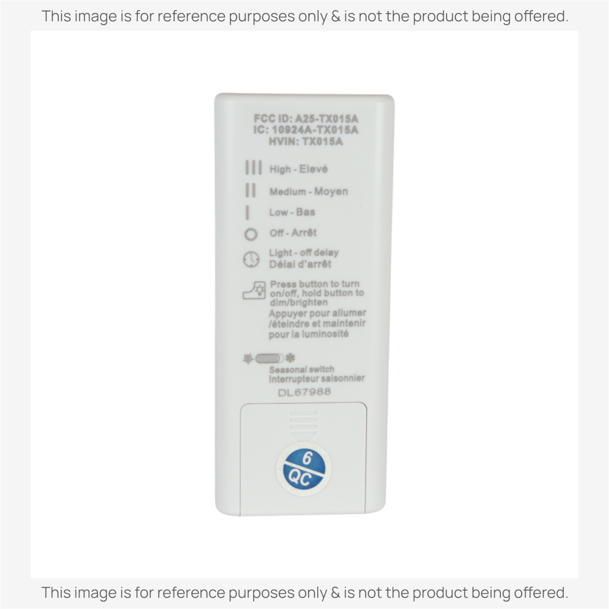 Anderic RRTX015 white ceiling fan remote control back view showing model information and fan speed settings