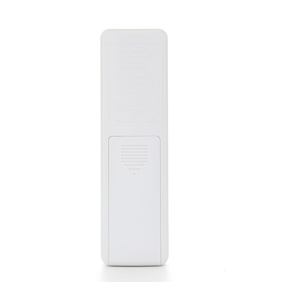 Anderic RRTR227B white ceiling fan remote control back view showing battery compartment and model information