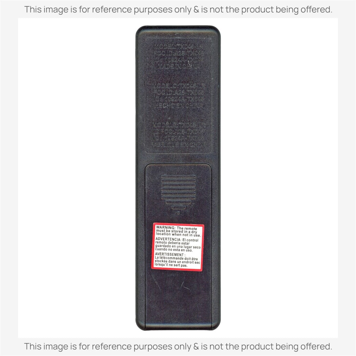 Anderic RRTX045LR ceiling fan remote control back view with battery compartment and warning label