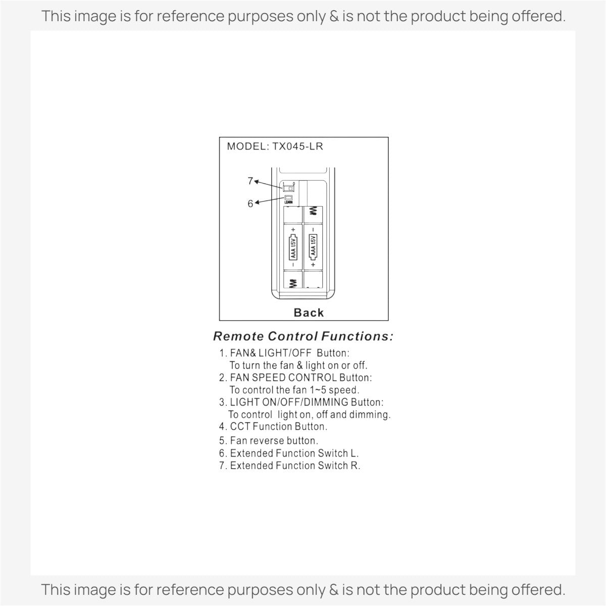 Anderic RRTX045LR ceiling fan remote control back view diagram showing battery compartment and function switches.