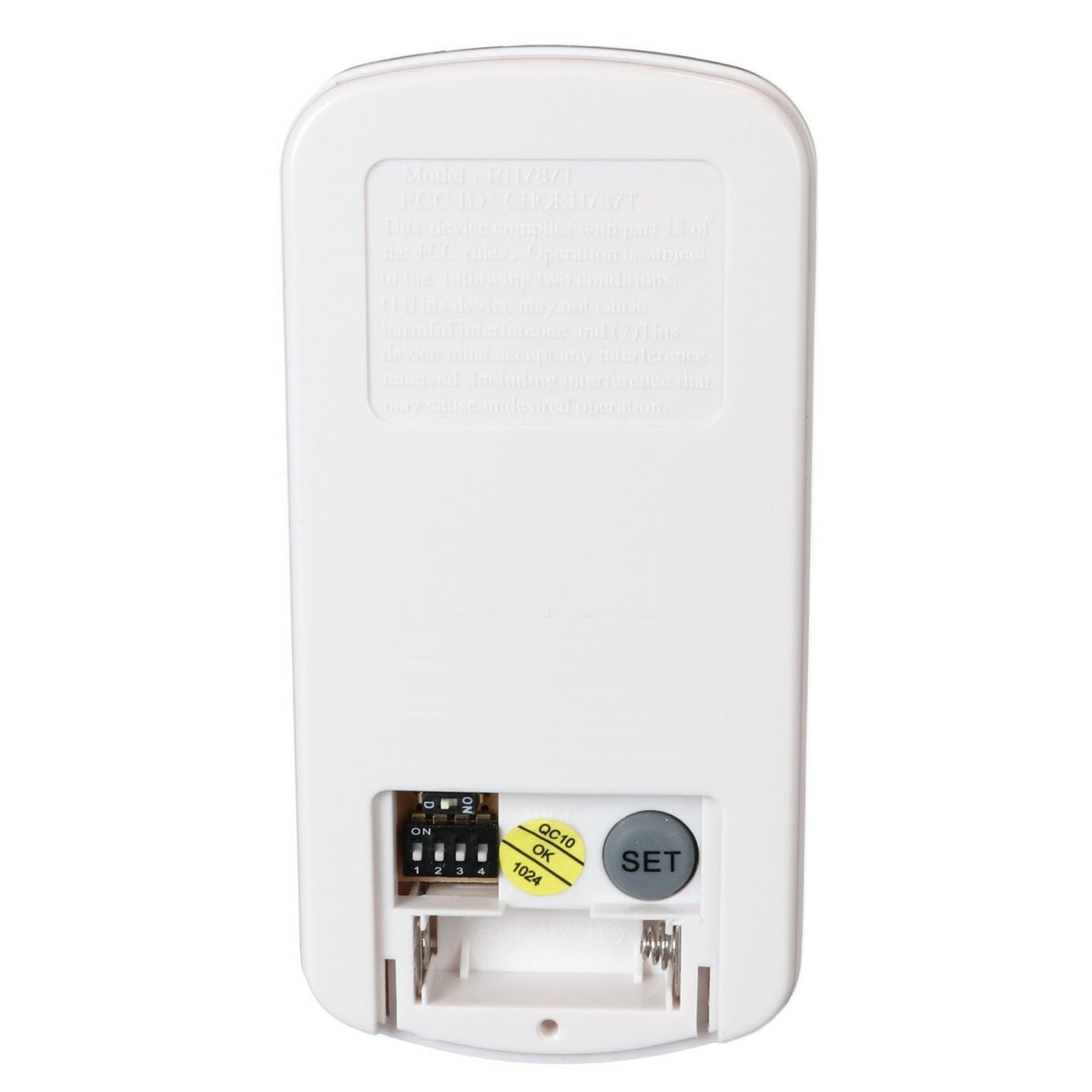 Anderic RR787T ceiling fan remote control back view showing battery compartment, dip switches, and set button.