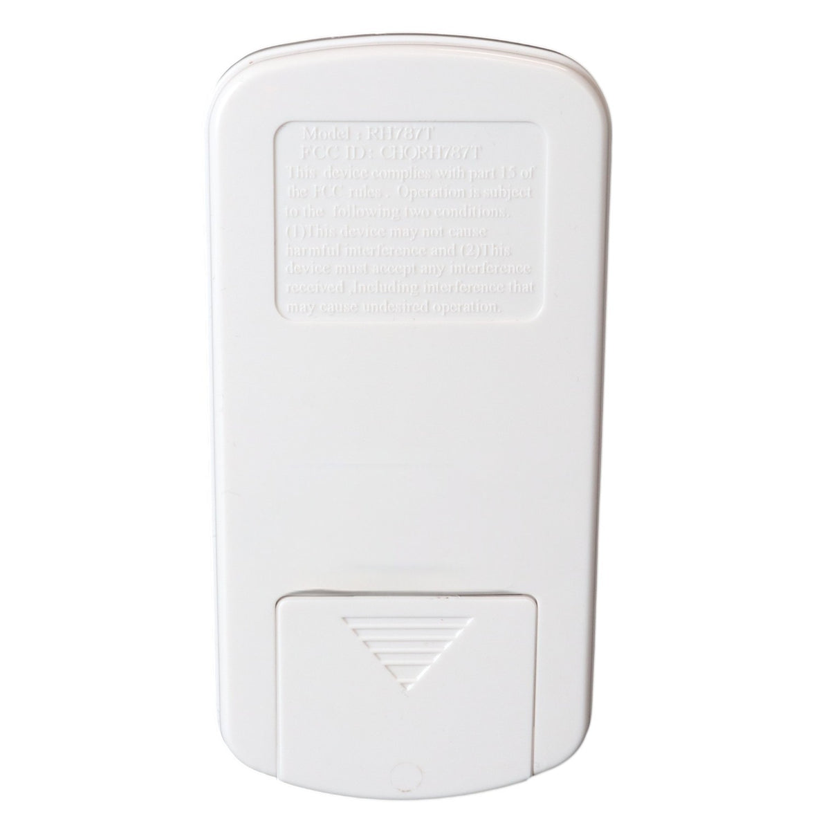 Anderic white replacement remote control for Hunter and Casablanca DC ceiling fans, back view showing battery cover.