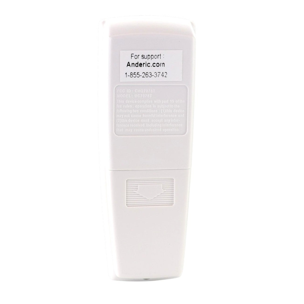 Back view of the white Anderic RR7078TUDLKIT ceiling fan remote control showing the battery cover and support label.