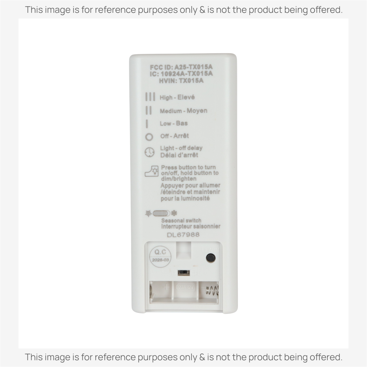 Anderic RRTX015 ceiling fan remote control battery compartment view with bilingual button labels and FCC ID details