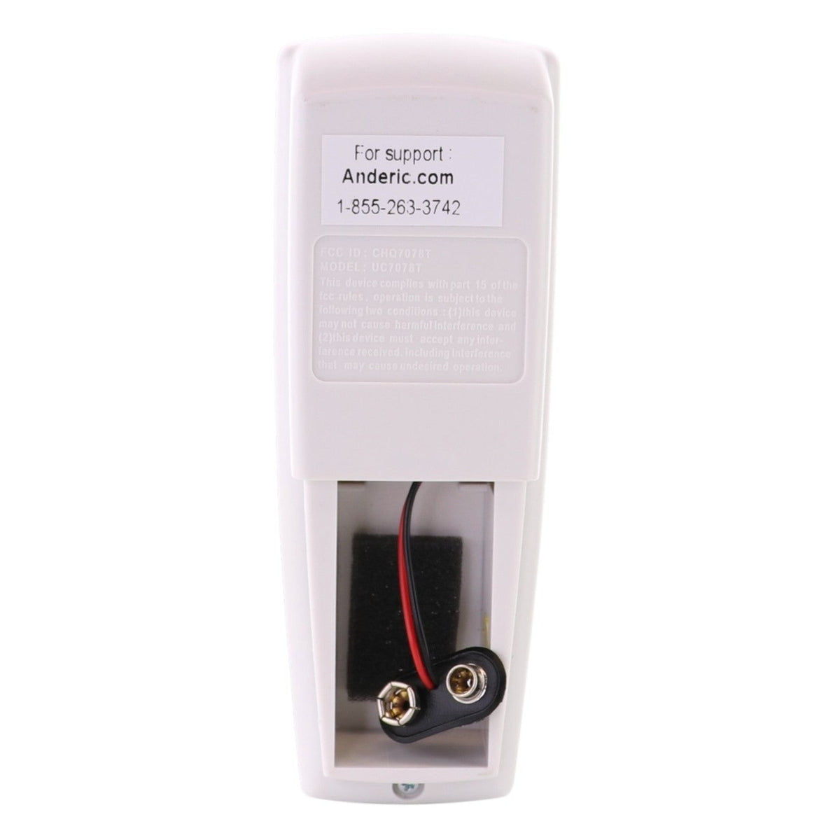 Anderic ceiling fan remote control battery compartment view showing the battery connector and support information label