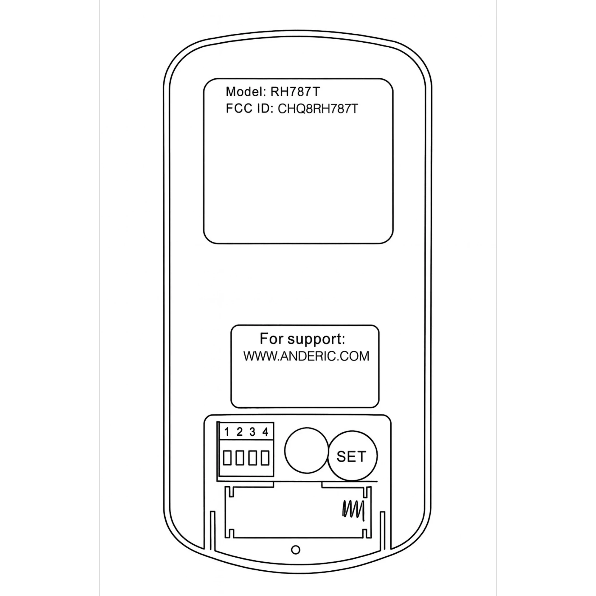 Anderic RR787T ceiling fan remote control battery compartment view showing dip switches and set button