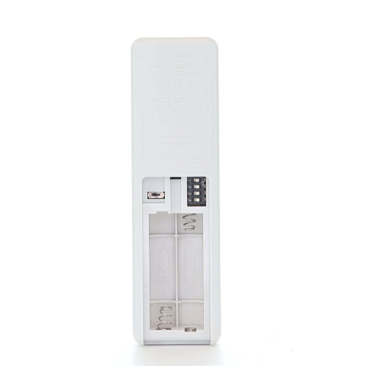 Anderic RRTR227B ceiling fan remote control battery compartment with 4-dip switches and white plastic casing