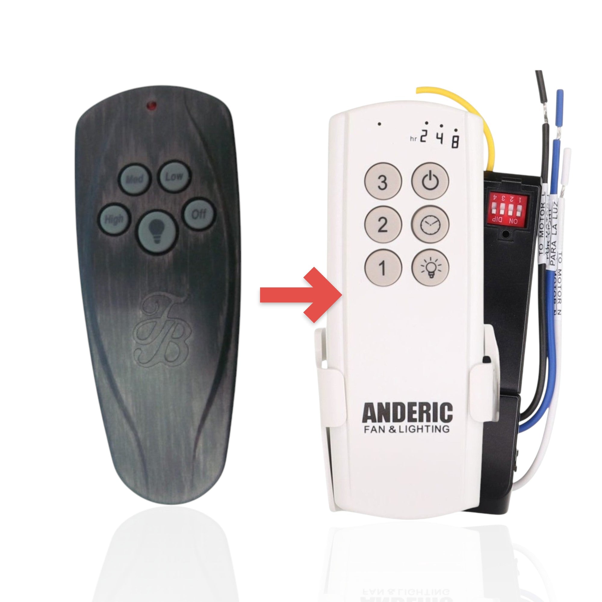 Anderic ceiling fan remote control in dark bronze finish with speed and light buttons
