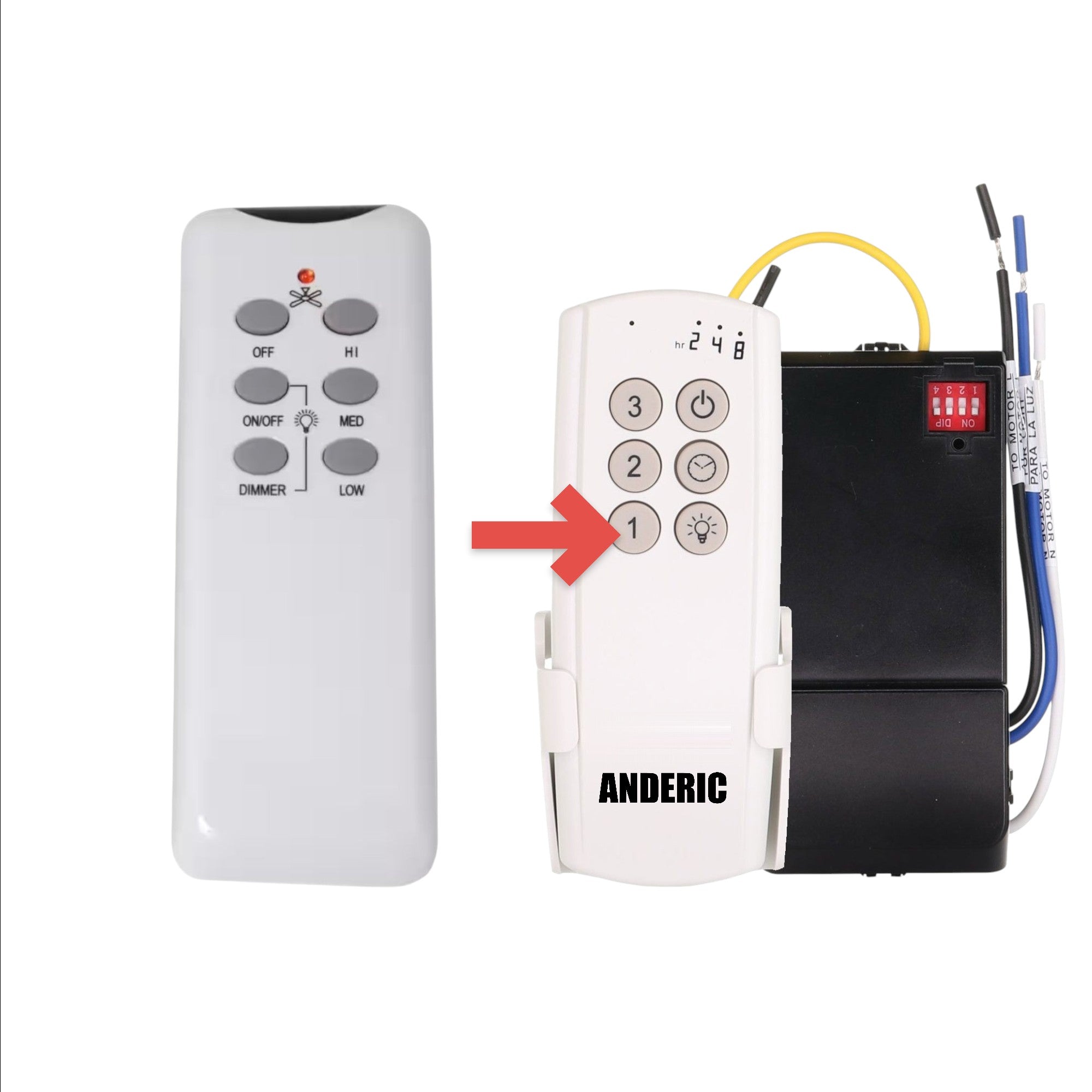 Anderic white ceiling fan remote control with 3-speed, light dimmer, and fan on/off buttons for Design House fans.