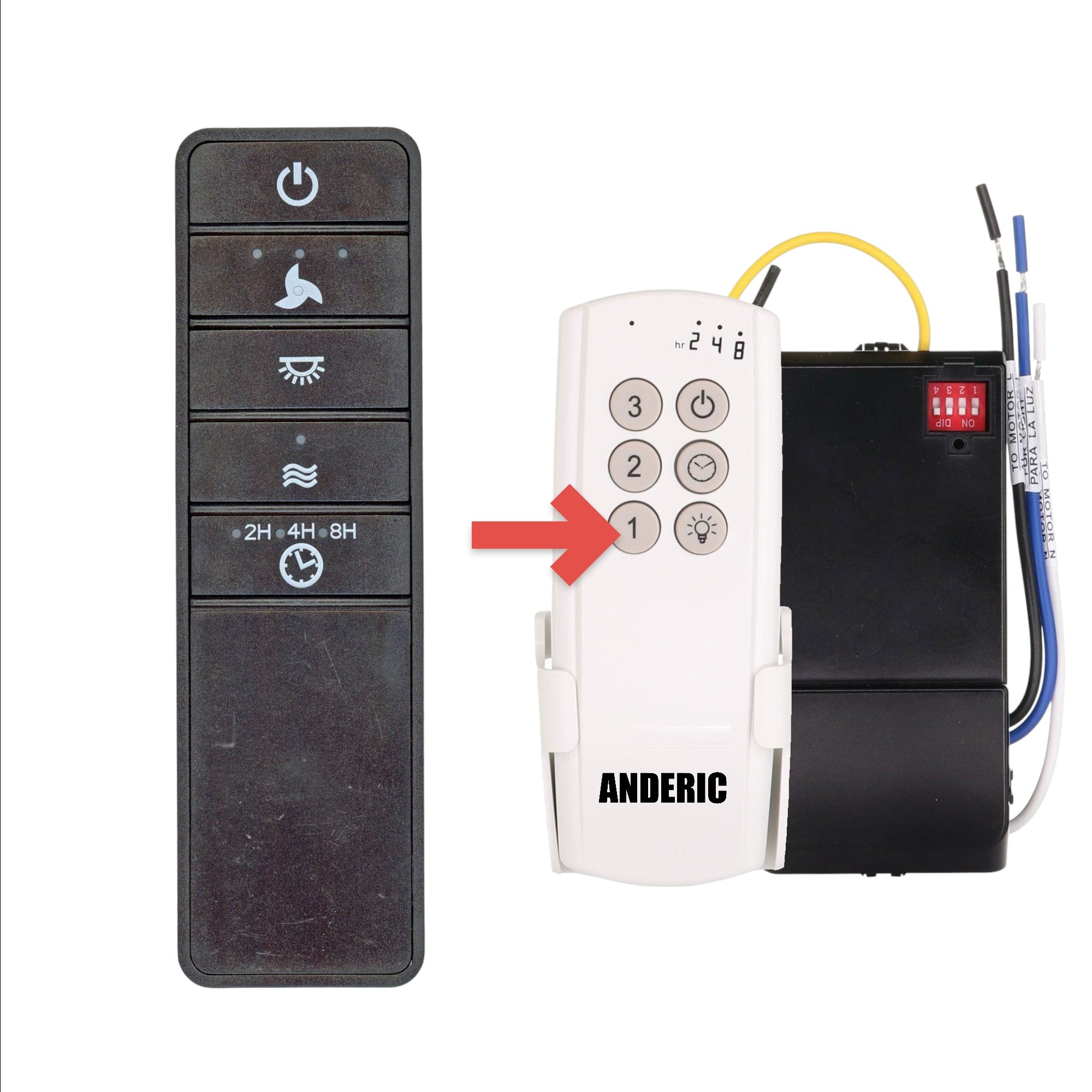 Anderic 63T-AC83T-KIT ceiling fan remote control with speed, light, and timer buttons for AC fans.