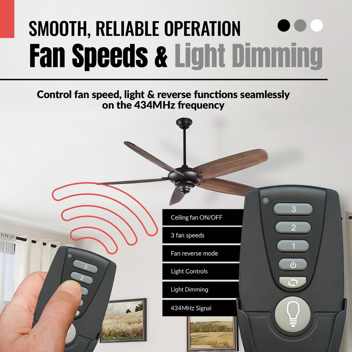 Anderic ceiling fan remote control kit for Hunter fans featuring 3 speeds, light dimming, and 434MHz signal operation.
