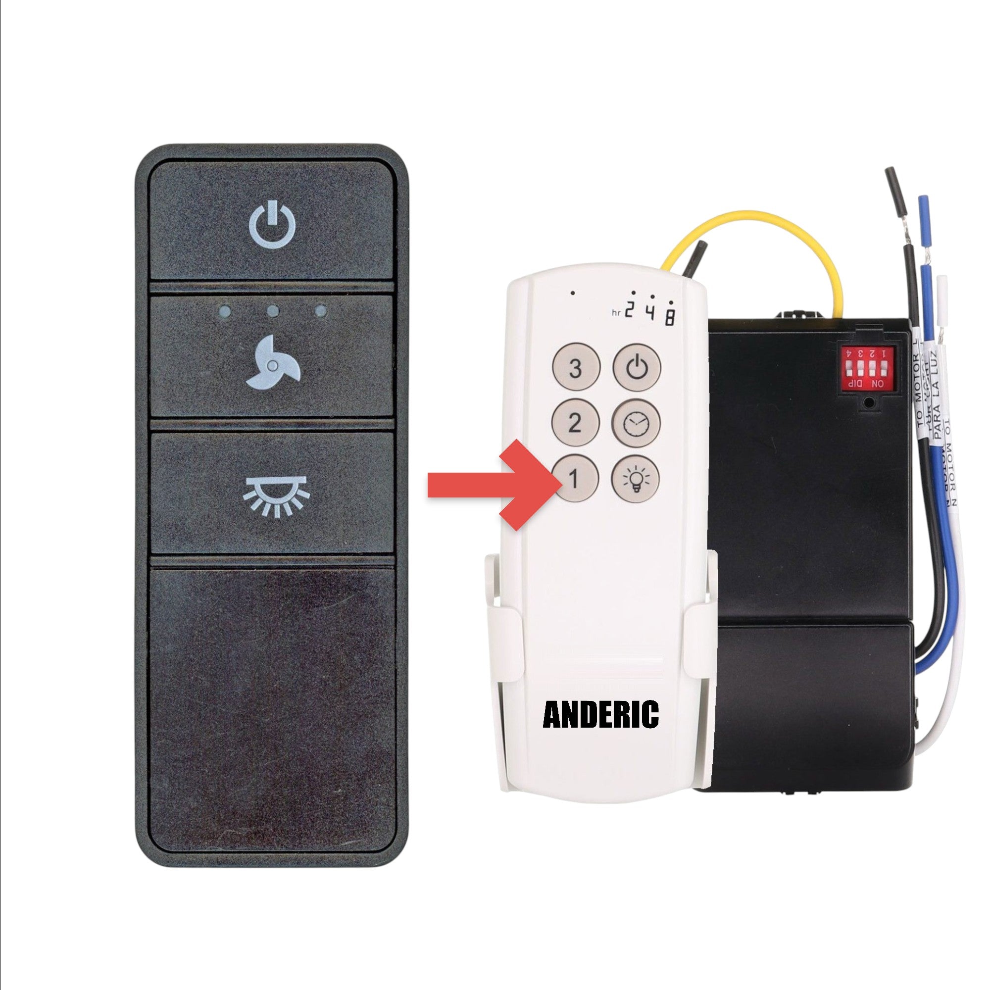 Anderic universal ceiling fan remote control for Hampton Bay TX028LR with three-speed and light dimming buttons.