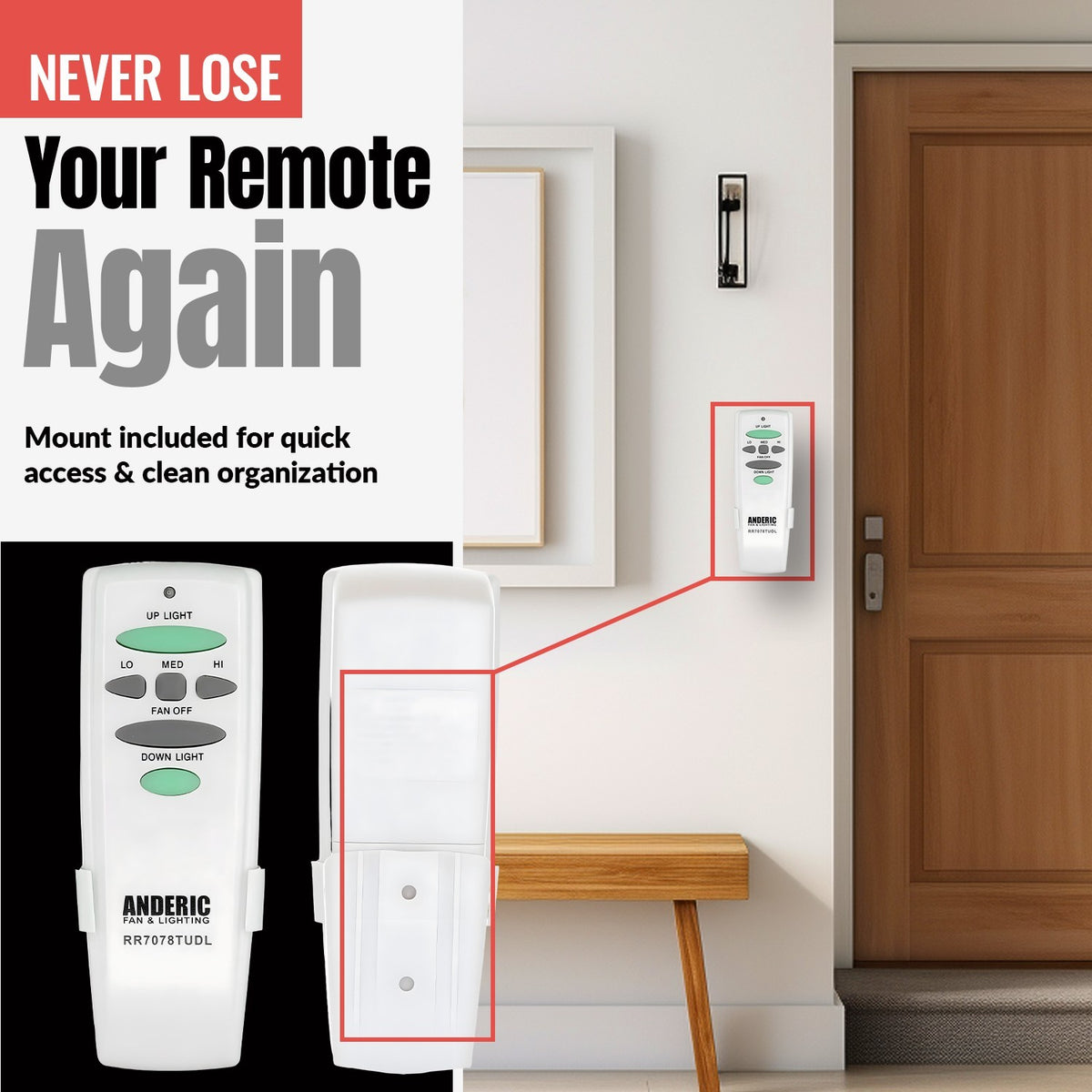 Anderic ceiling fan remote control with wall mount bracket for up and down light and fan speed adjustment