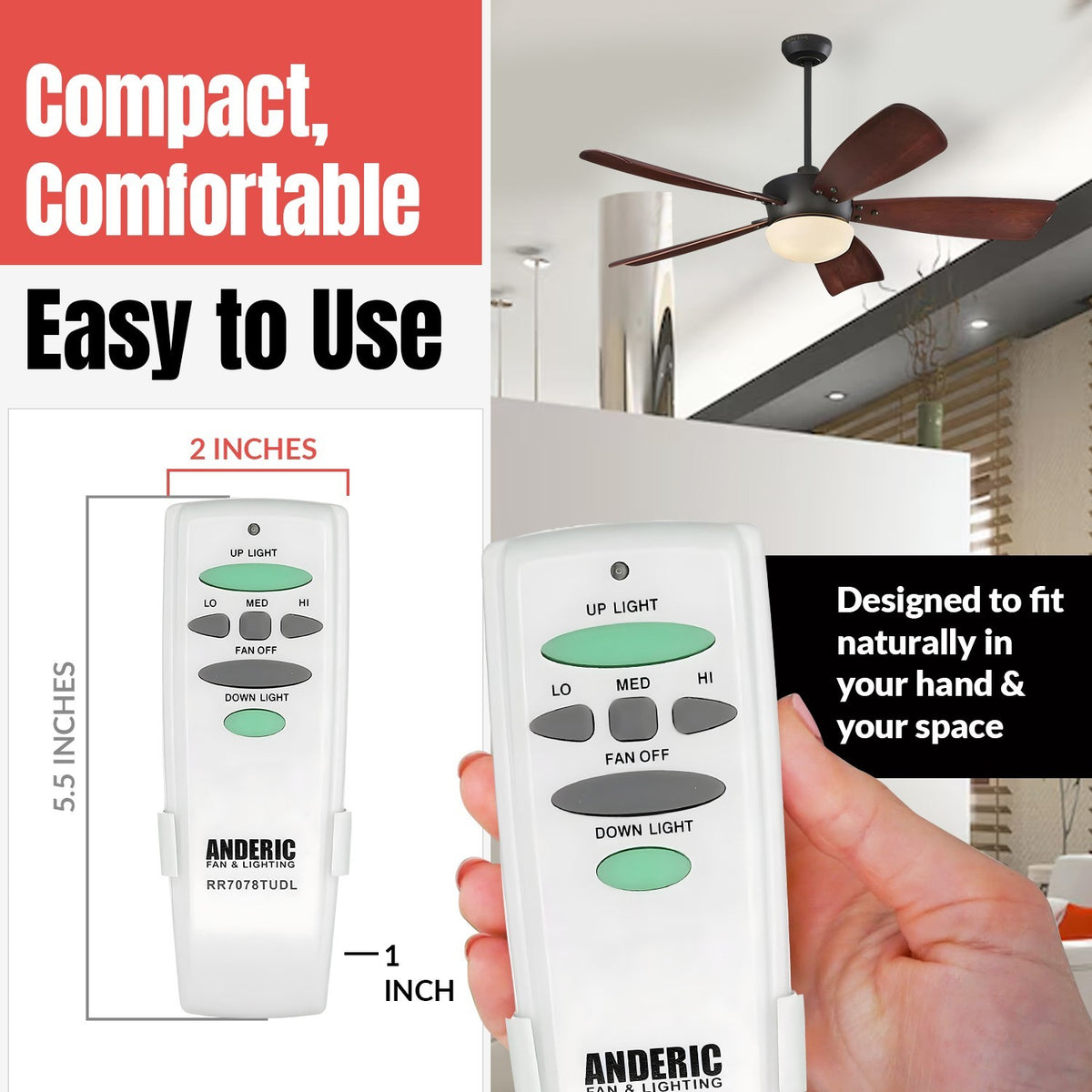 Anderic ceiling fan remote control with up and down light buttons, held in hand, showing compact white design.