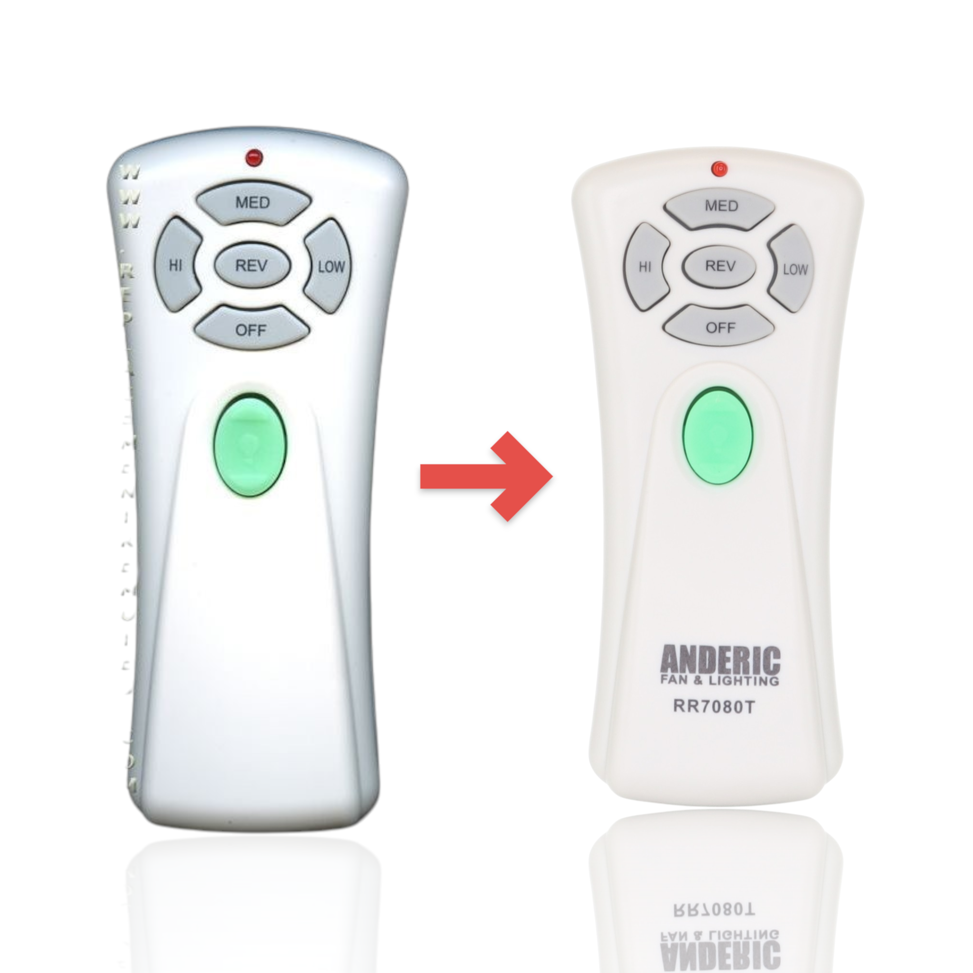 Anderic RR7080T ceiling fan remote control, a white replacement for Hampton Bay UC7080T and CHQ7080T models.