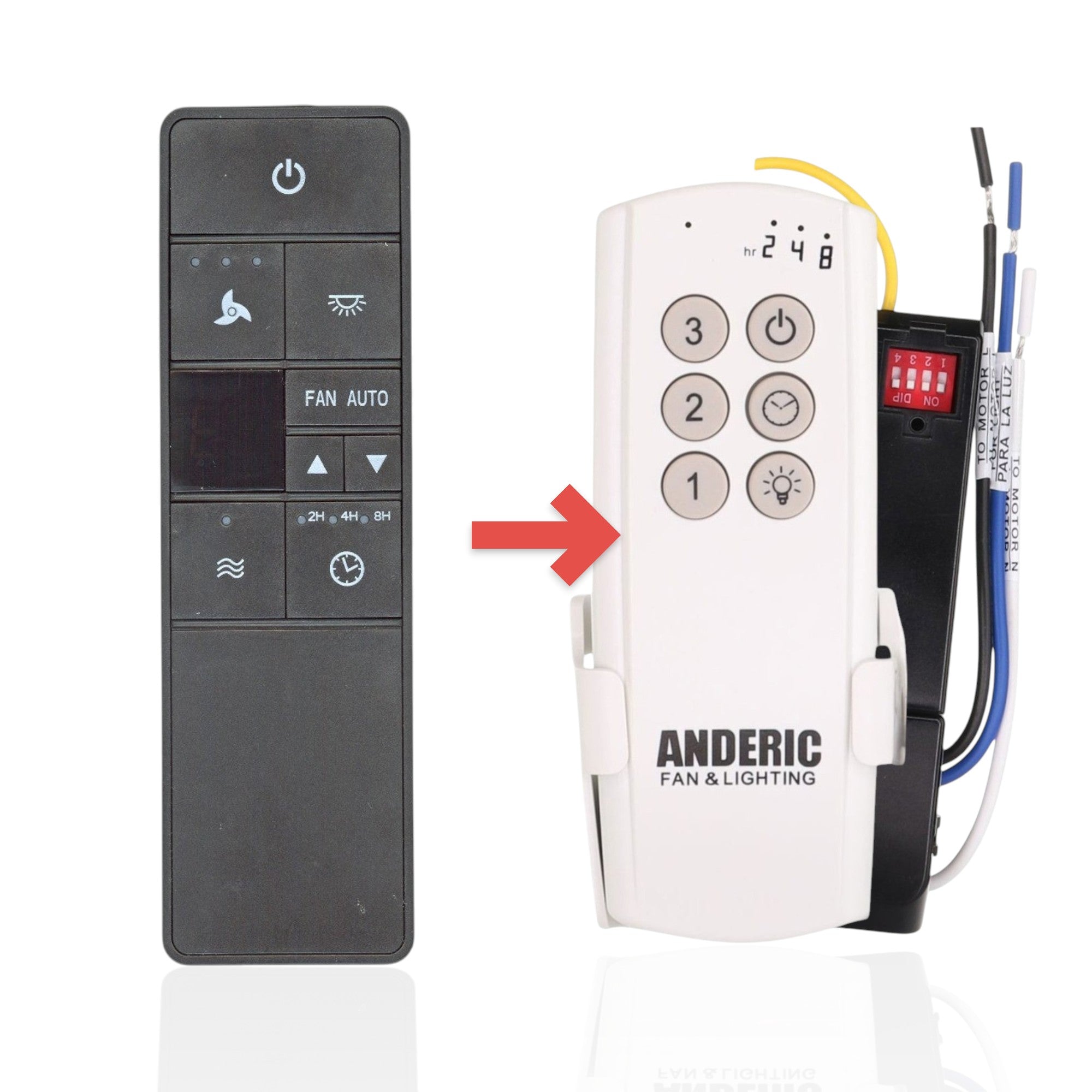Anderic universal ceiling fan remote control in black with fan speed, light dimming, and timer buttons.