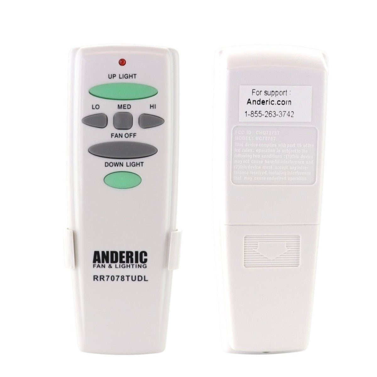 Anderic ceiling fan remote control with green light buttons and grey fan speed controls on a white plastic housing.