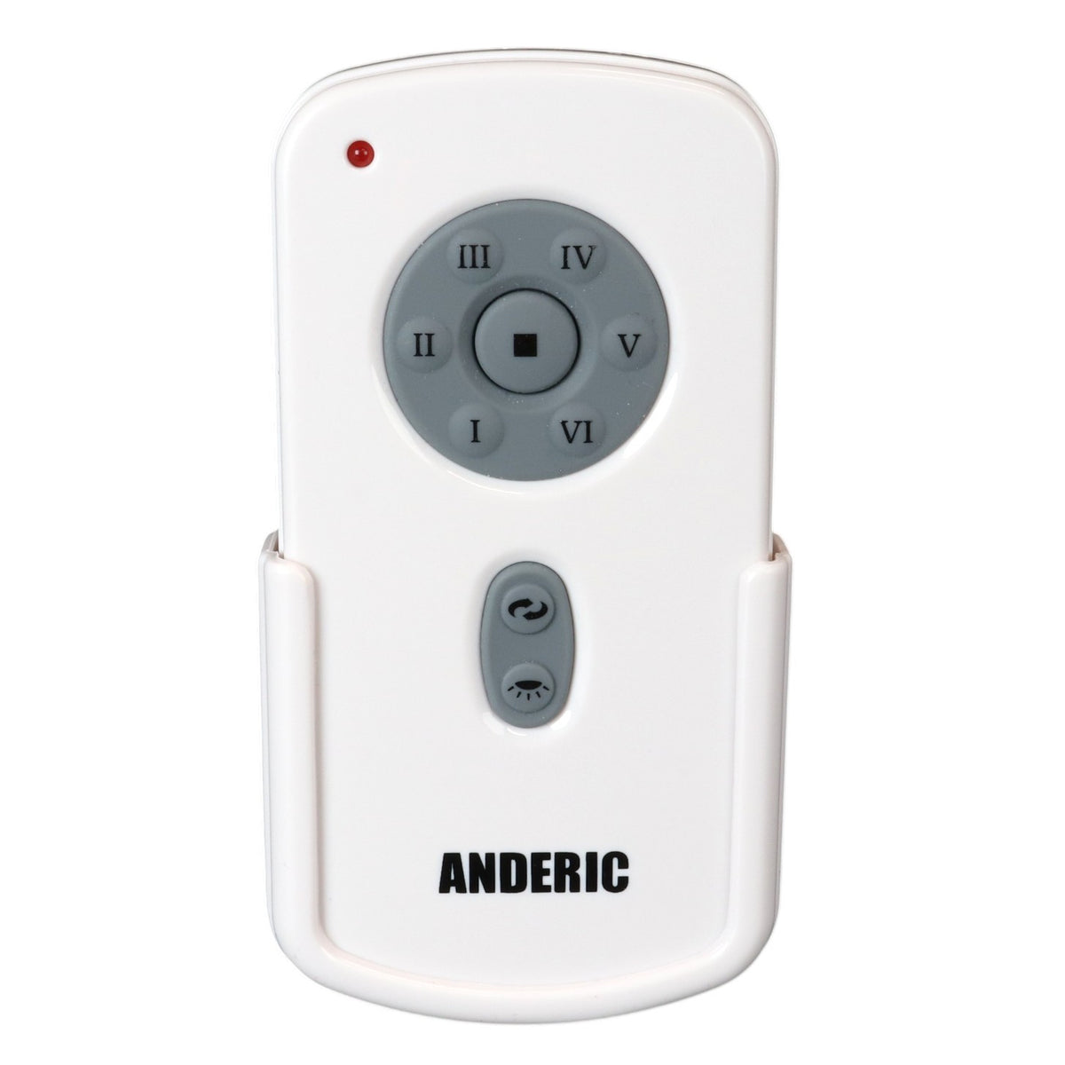 Anderic white ceiling fan remote control with grey buttons for speed, light, and direction settings in a wall mount.