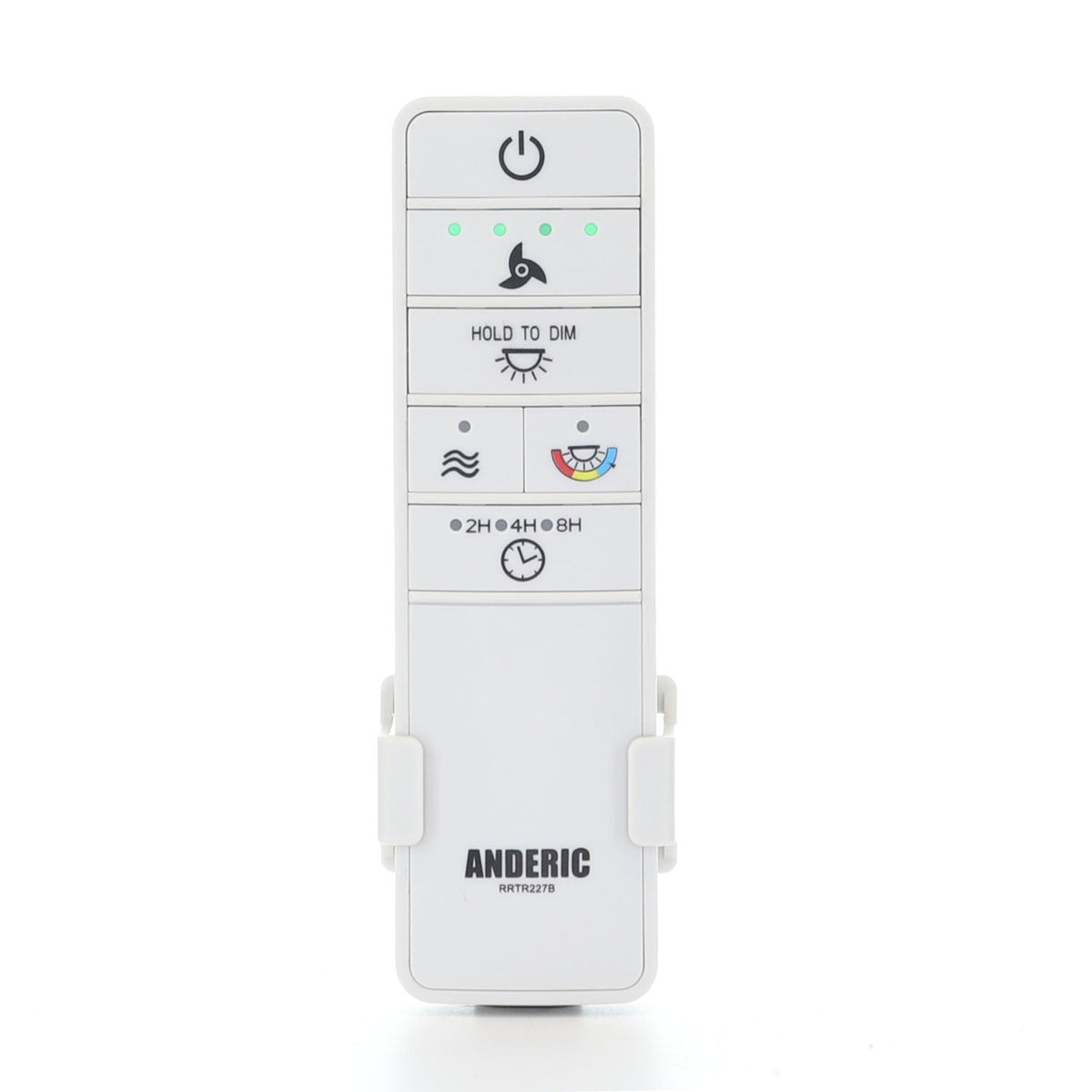 Anderic white 4-speed ceiling fan remote control with light dimming and timer buttons in a wall mount holder