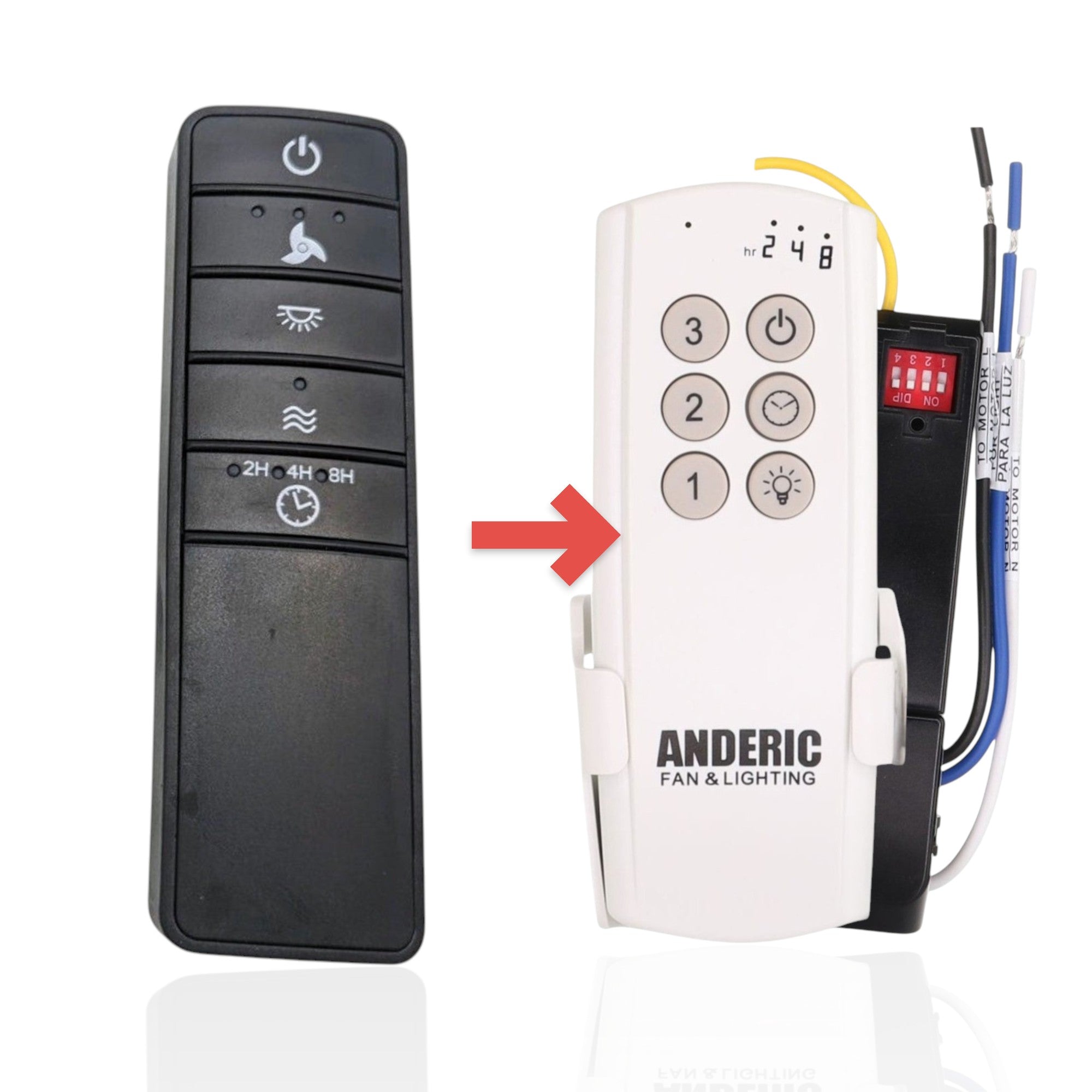Anderic replacement ceiling fan remote control in black with fan speed, light dimming, and timer buttons.