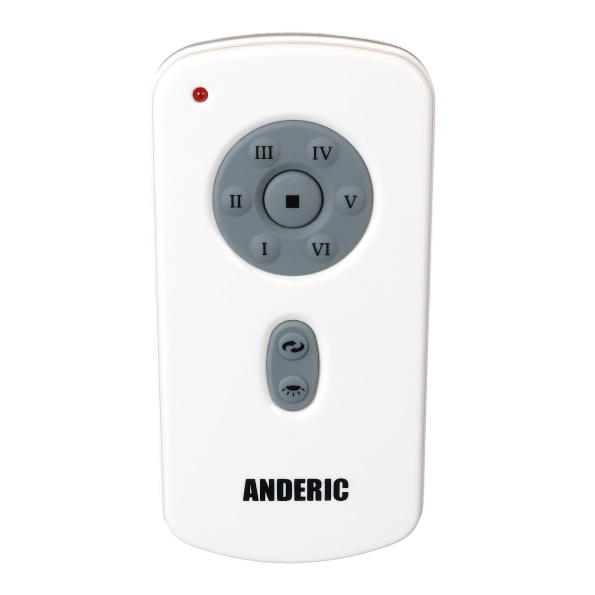 Anderic white ceiling fan remote control with grey circular speed buttons and light and direction controls.