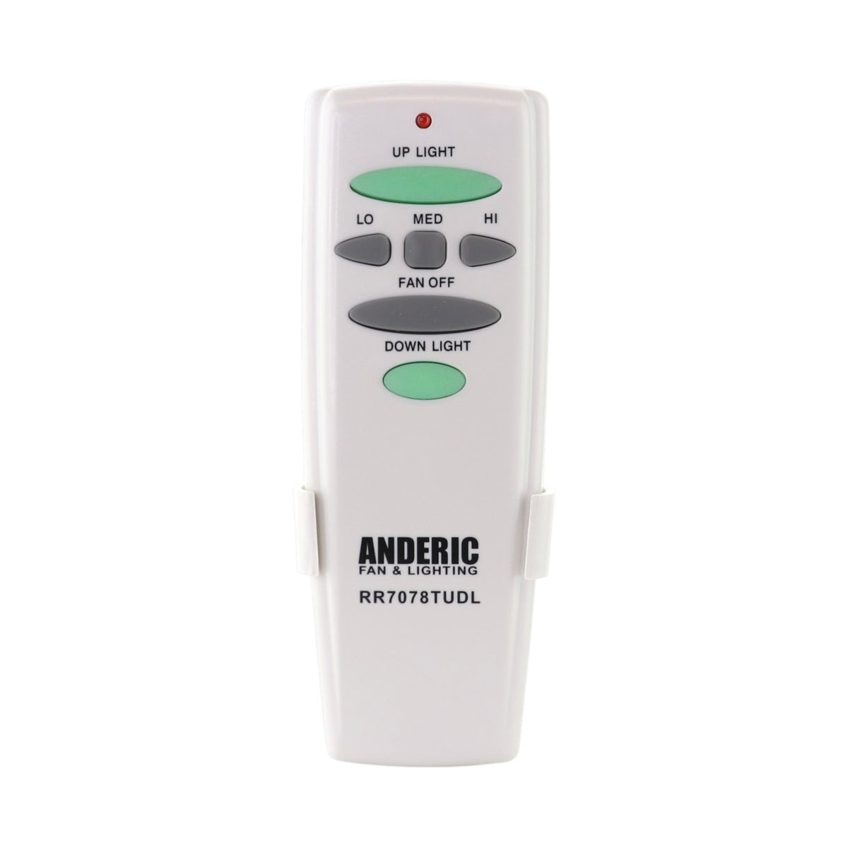 Anderic ceiling fan remote control with up and down light buttons, fan speed settings, and a white plastic finish.