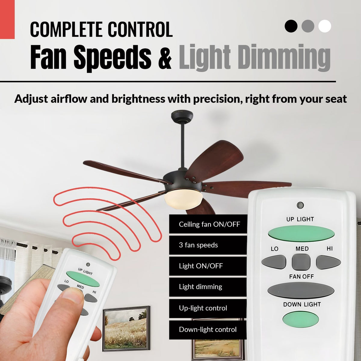 Anderic ceiling fan remote control with up and down light dimming and three speed settings held in a hand