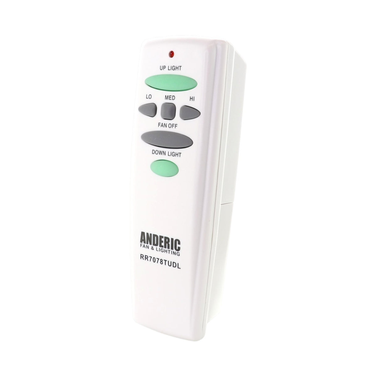 Anderic ceiling fan remote control with up and down light buttons and fan speed settings in white plastic.