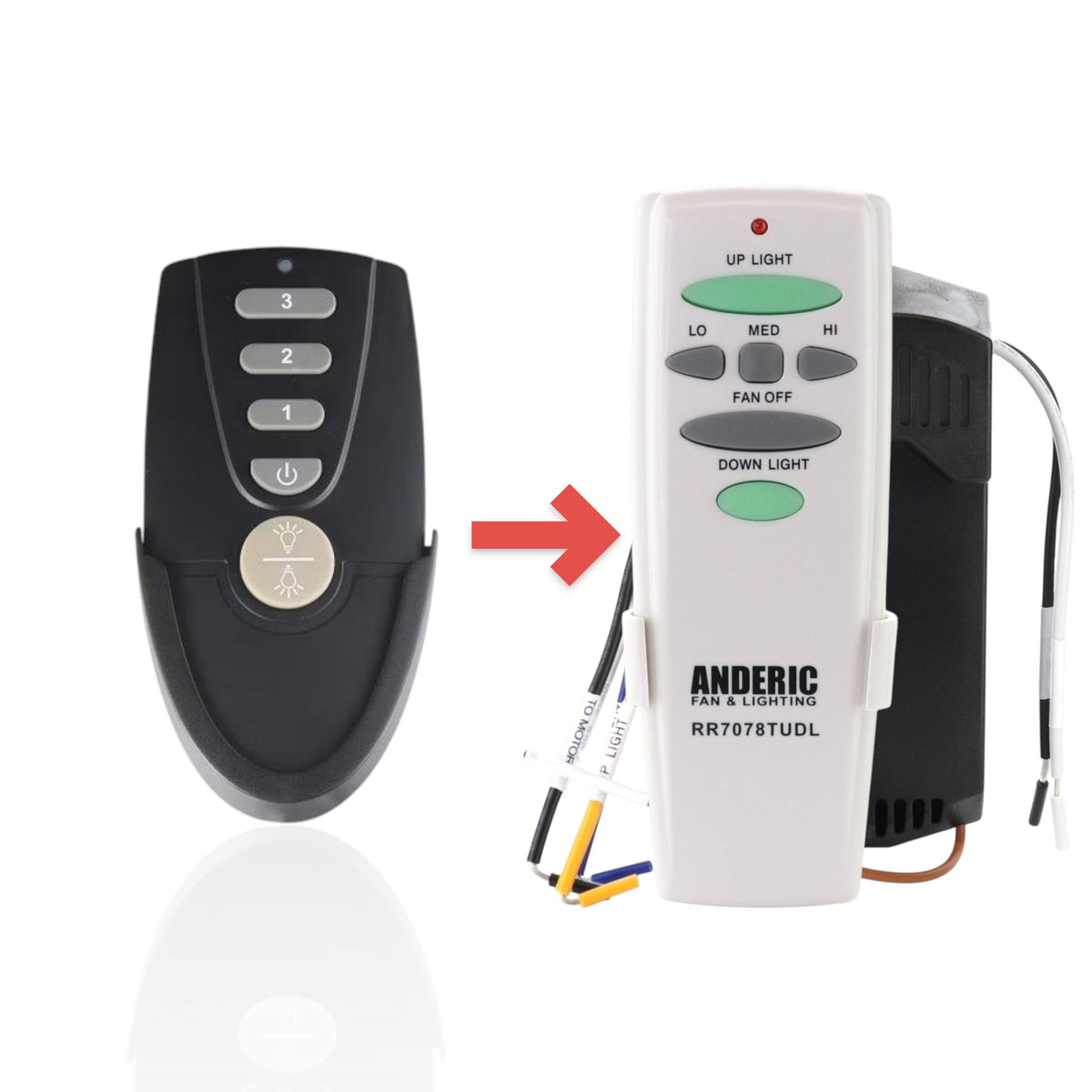 Anderic ceiling fan remote control for Home Decorators Collection, featuring black casing and light dimming buttons.