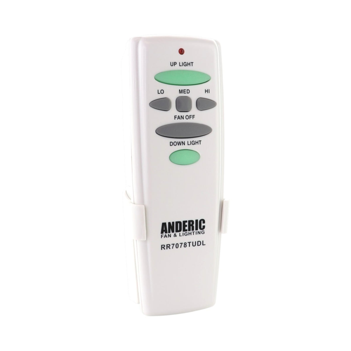 Anderic ceiling fan remote control with up and down light buttons, fan speed settings, and a white plastic finish.