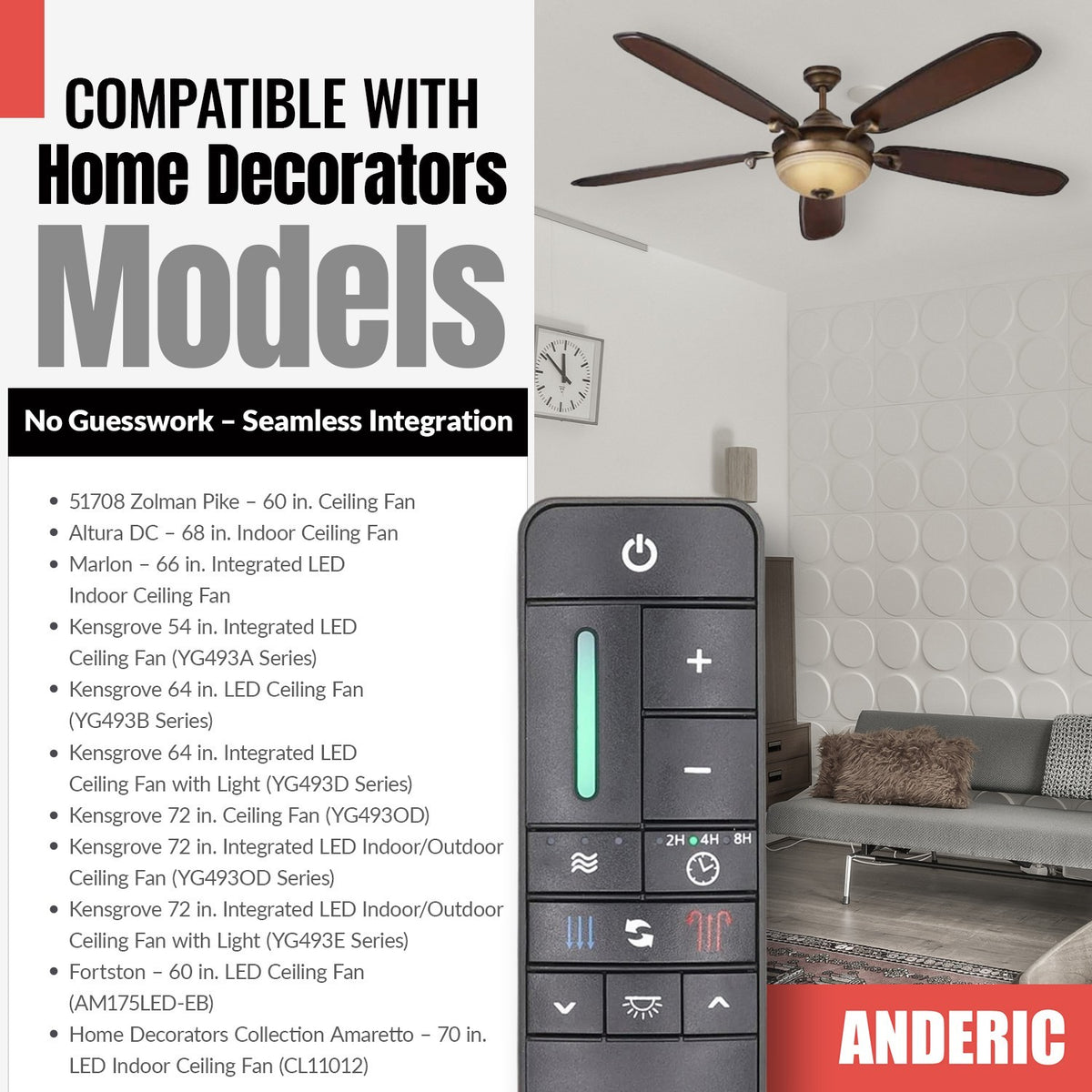 Anderic replacement remote control for Home Decorators ceiling fans with speed, light, and reverse function buttons.