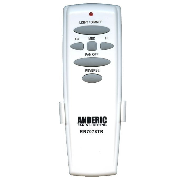 Anderic white ceiling fan remote control with light dimmer, speed settings, and reverse function buttons.