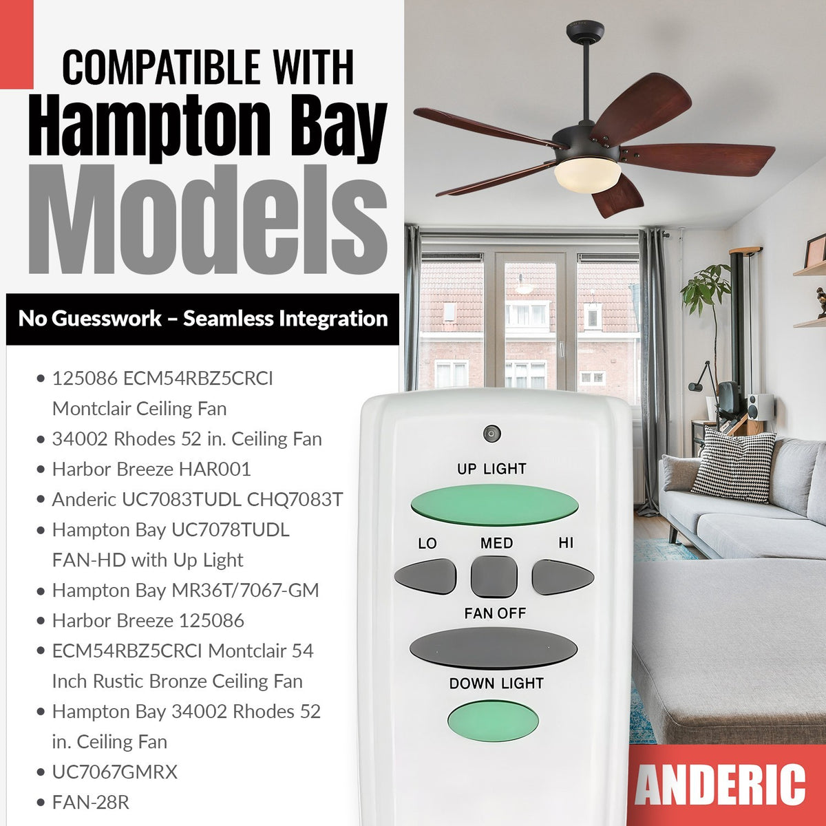 Anderic ceiling fan remote control with up and down light buttons, shown in front of a ceiling fan room display.