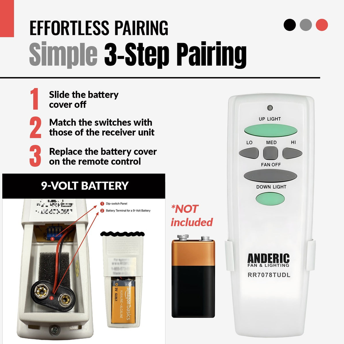 Anderic ceiling fan remote control with 3-step pairing instructions and 9-volt battery compartment view.