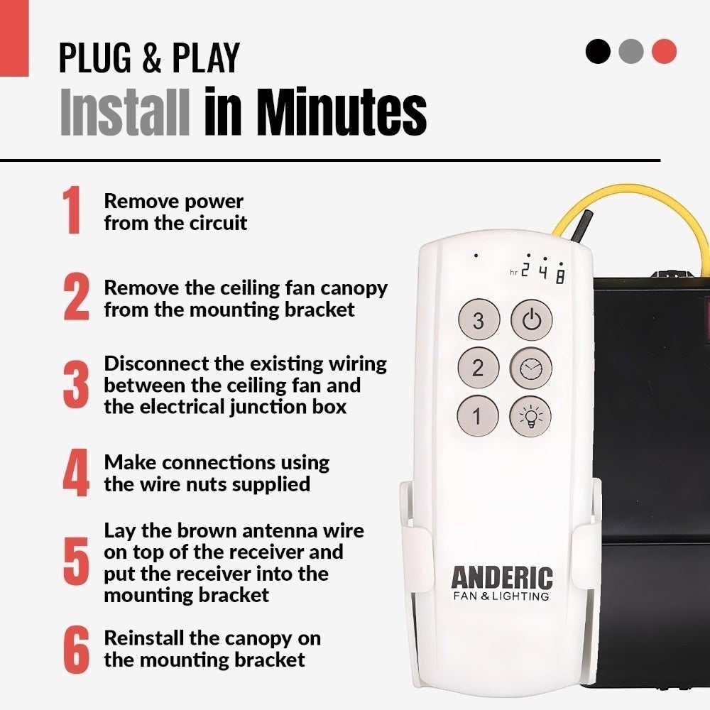 Anderic white ceiling fan remote control with buttons for speed and light, compatible with Hunter K6266-01.