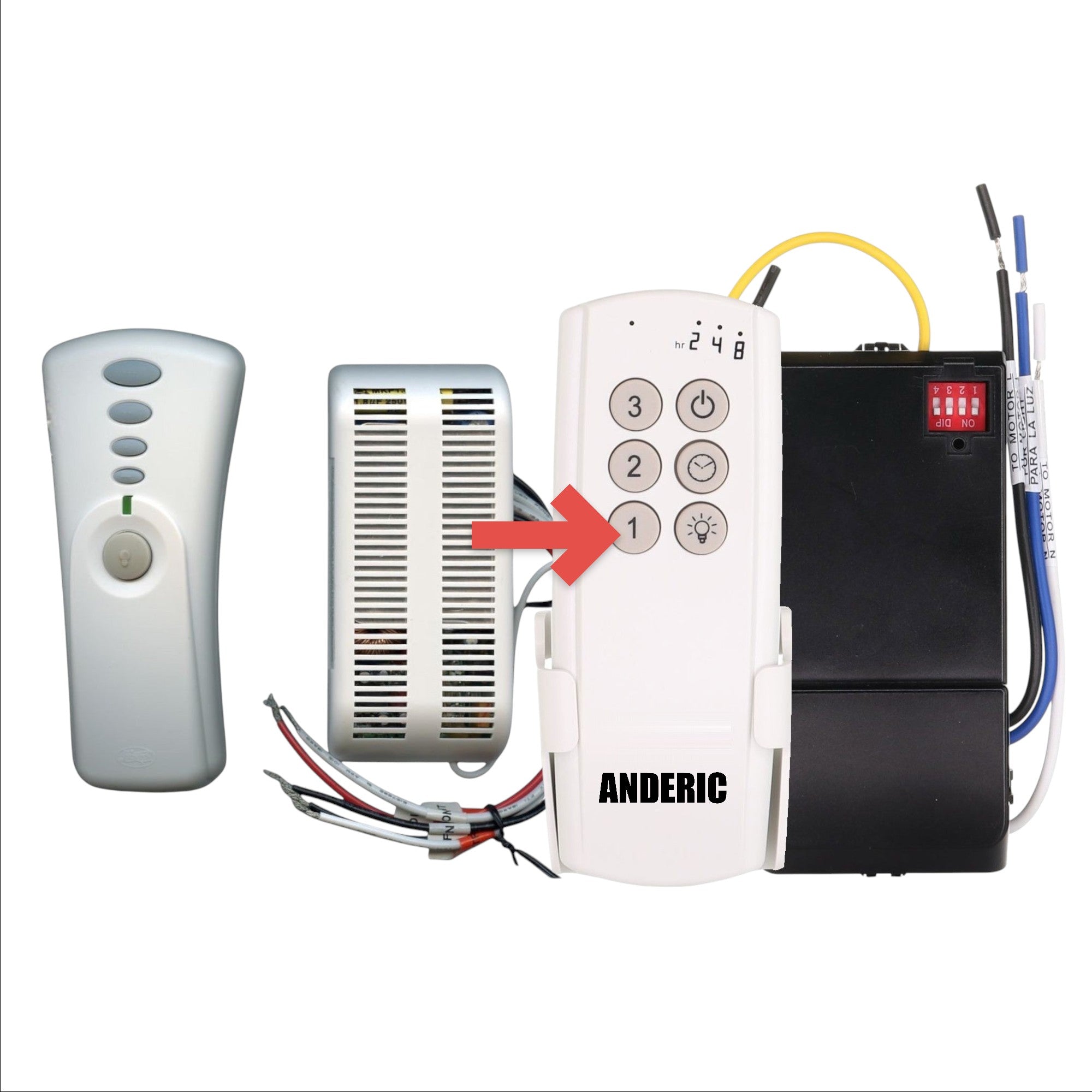 Anderic 63T-AC83T-KIT universal ceiling fan remote control and receiver for 3-speed AC fans with light dimming.