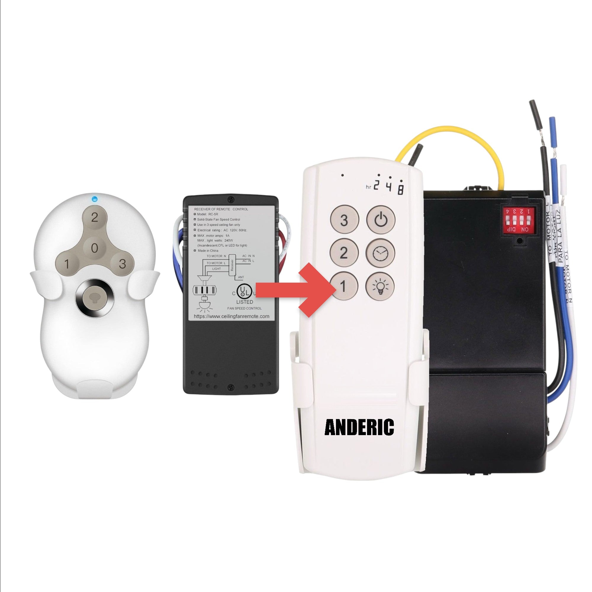 Anderic universal ceiling fan remote control kit with 3-speed settings, light dimmer, and receiver unit.