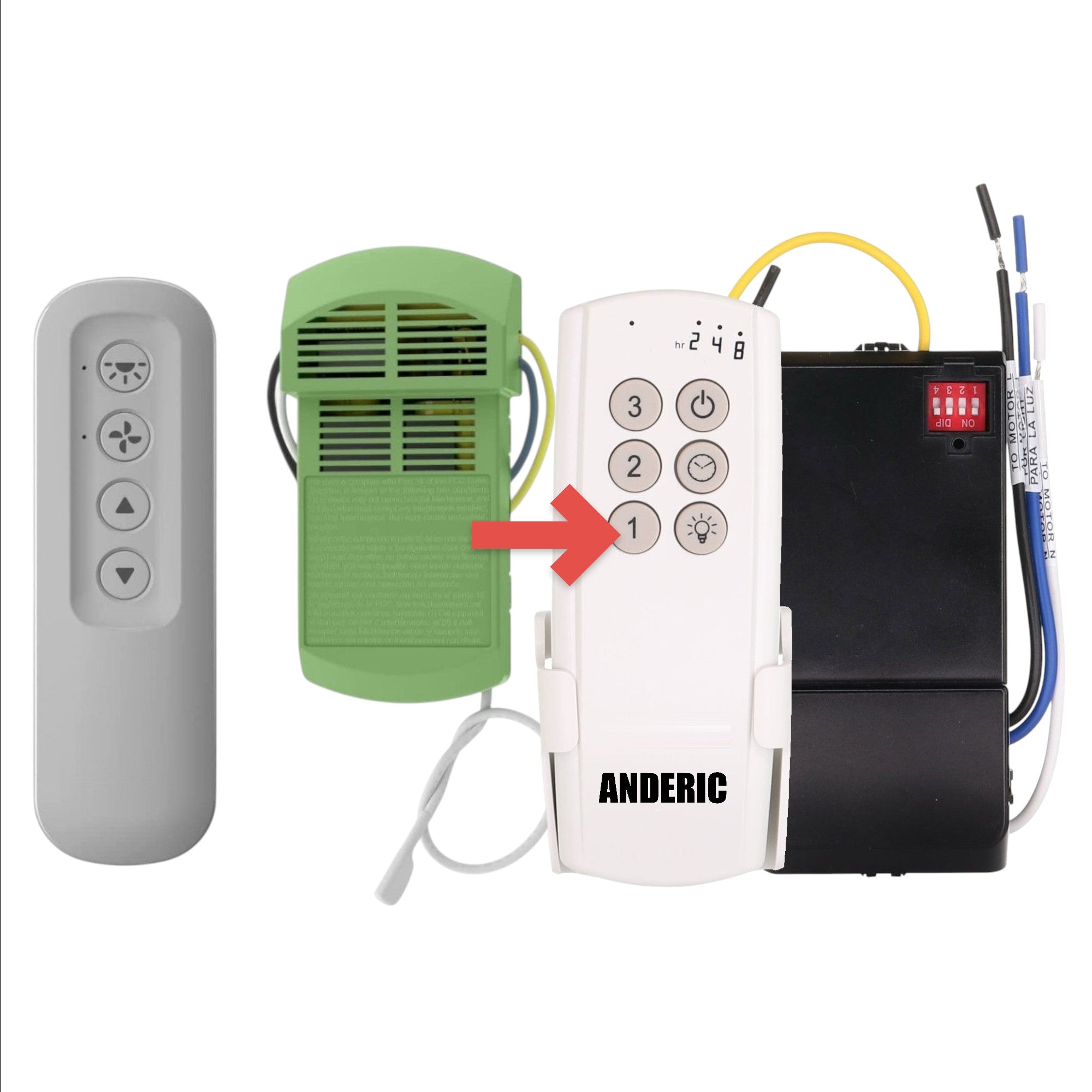 Anderic universal ceiling fan remote control kit in dove grey with handheld remote and green receiver unit.