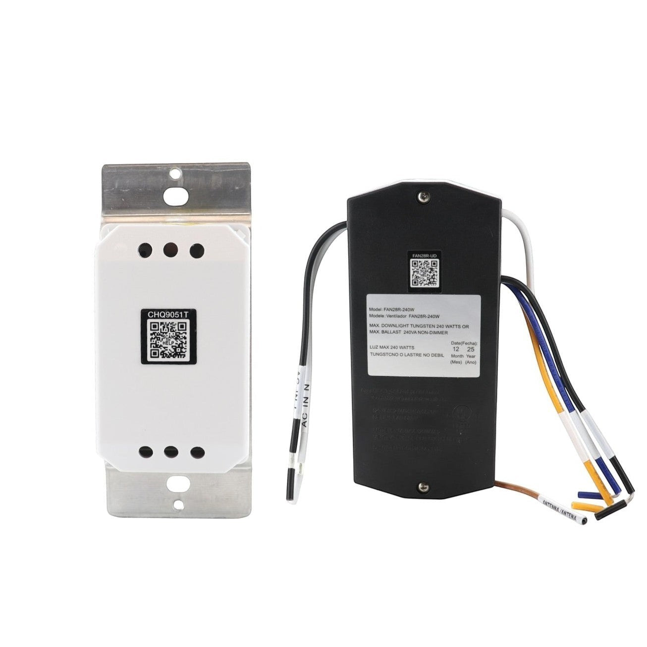 Anderic ceiling fan remote control kit with white wall transmitter and black receiver unit for UC9051T systems.