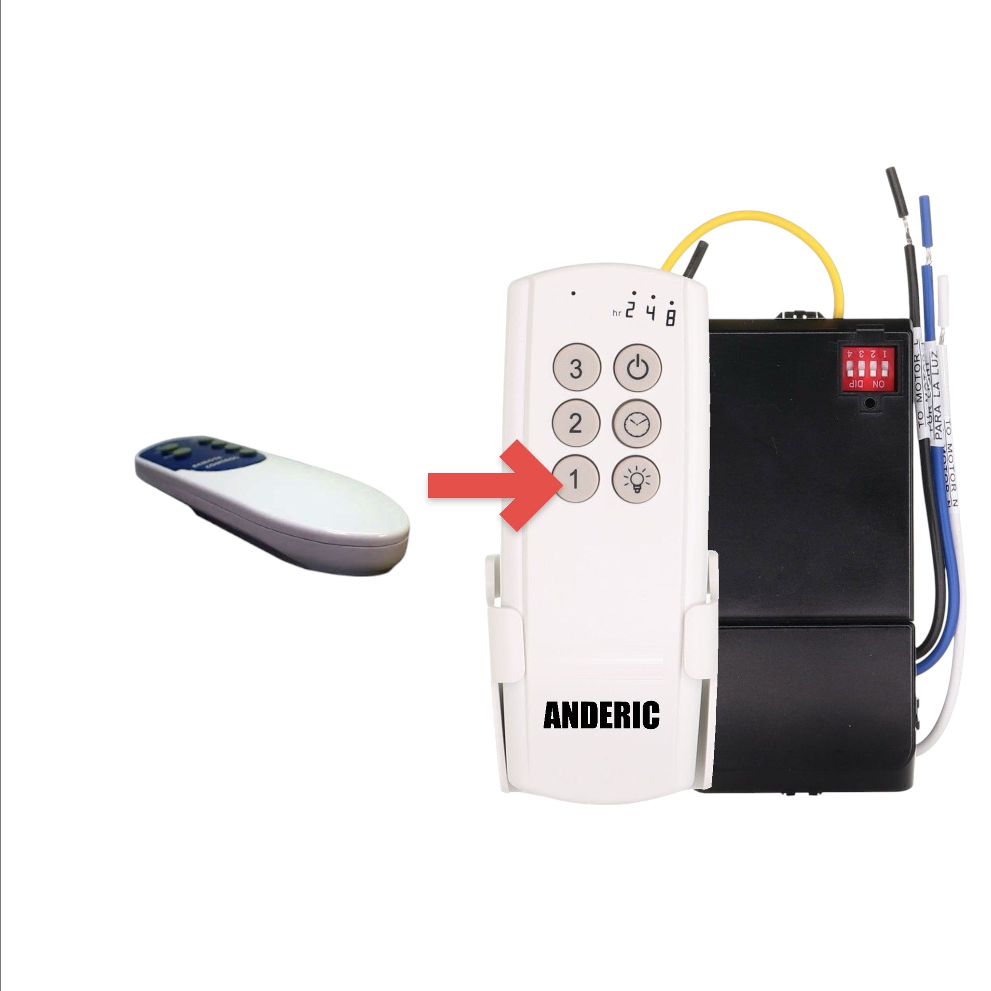 Anderic replacement ceiling fan remote control for KUJCE10720, featuring white casing and blue button panel.
