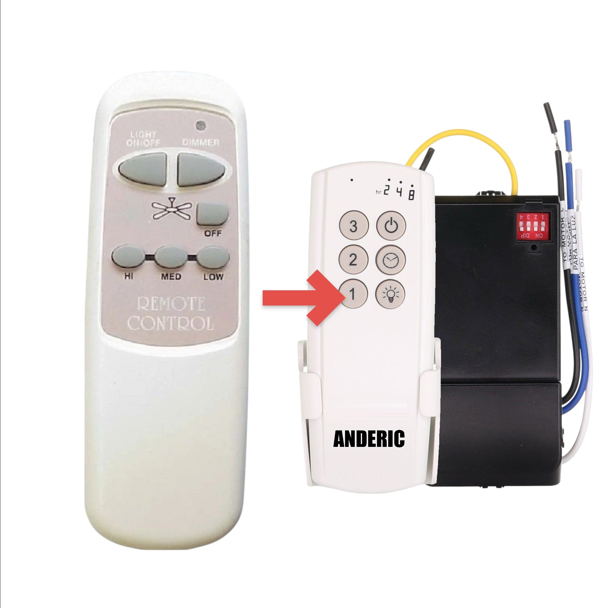 Anderic white ceiling fan remote control for KUJCE9101 with light dimming and three-speed fan control buttons.