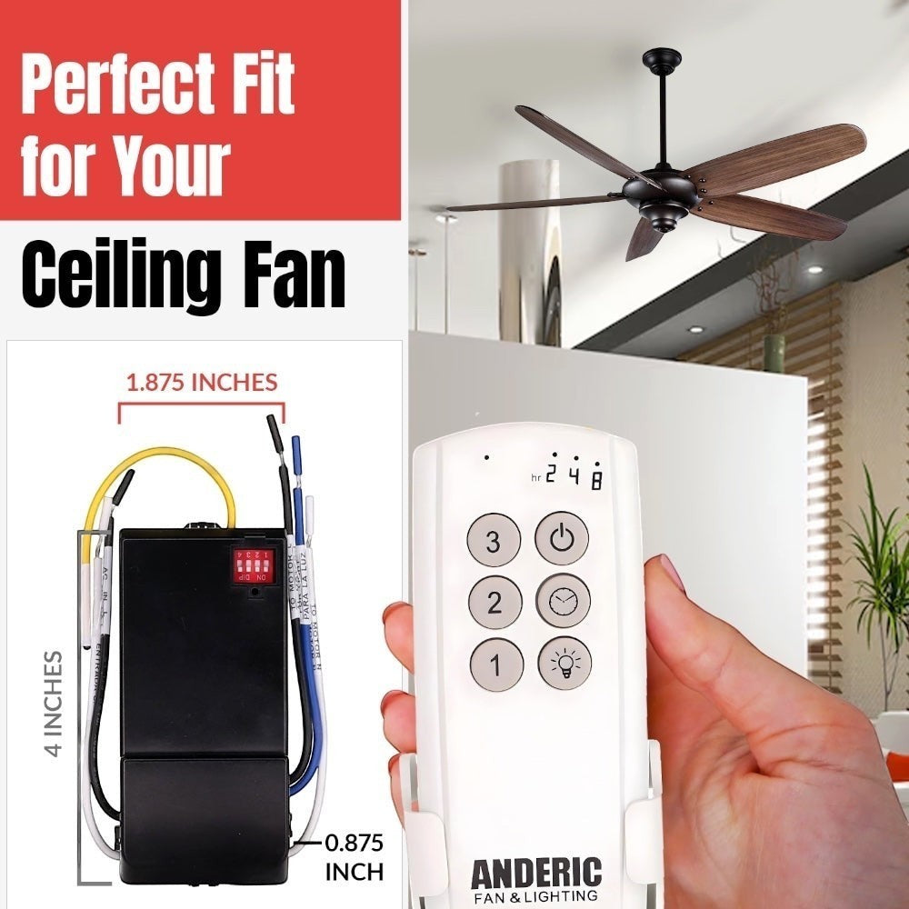 Anderic 433MHz slimline ceiling fan remote control and receiver kit for Lucci fans. White remote with speed and light controls.