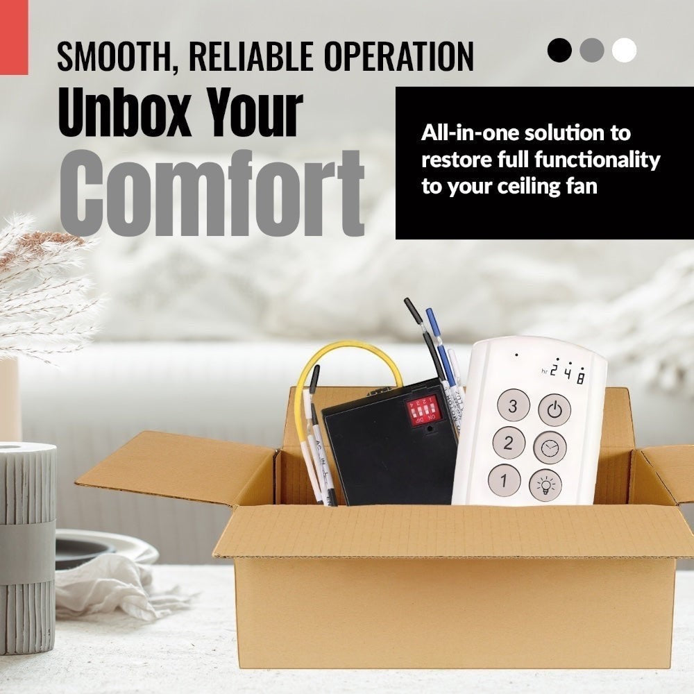 Anderic white ceiling fan remote control with buttons for speed and light, and a receiver module with DIP switches.