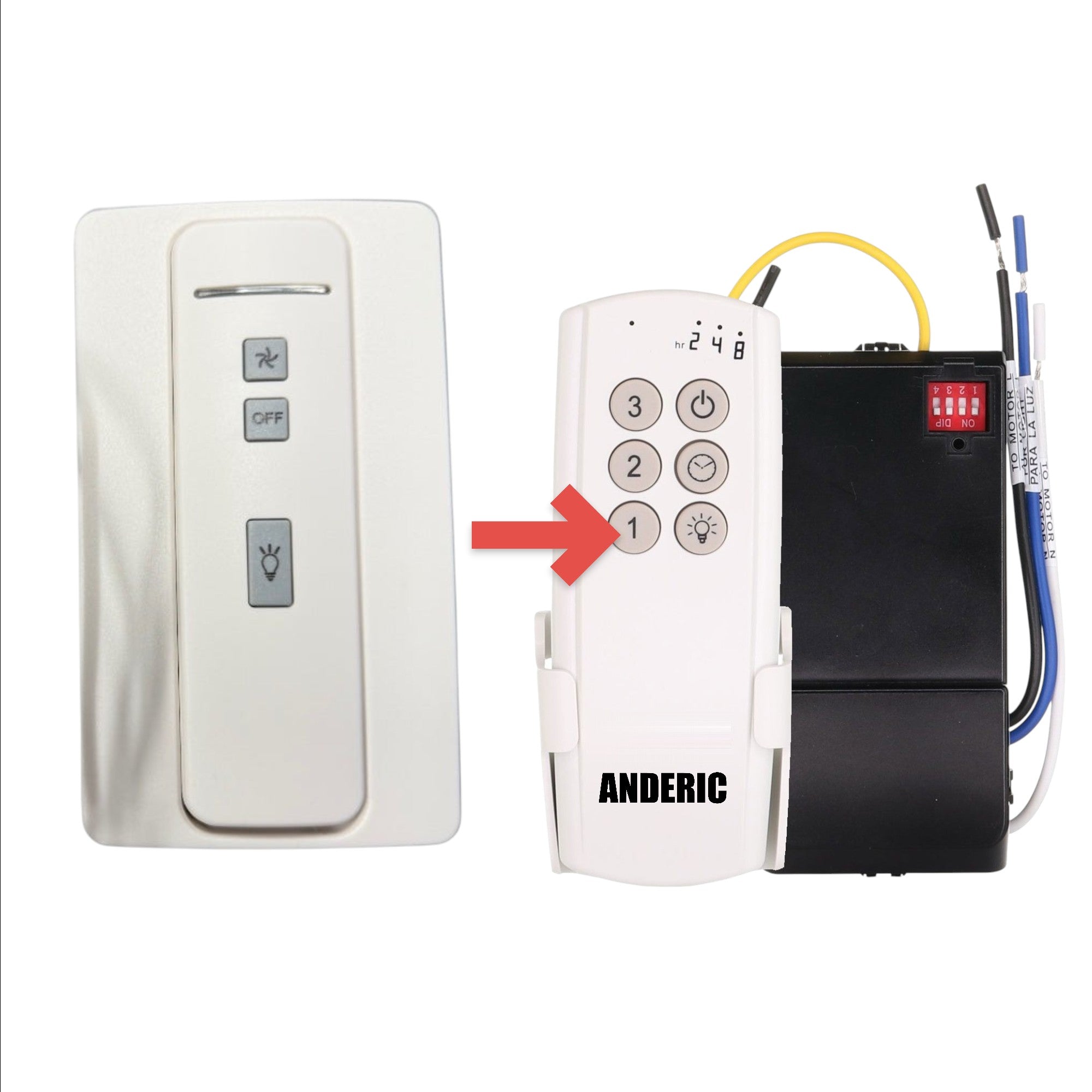 Anderic white wall-mount ceiling fan remote control and black receiver kit for indoor four-speed fan operation.