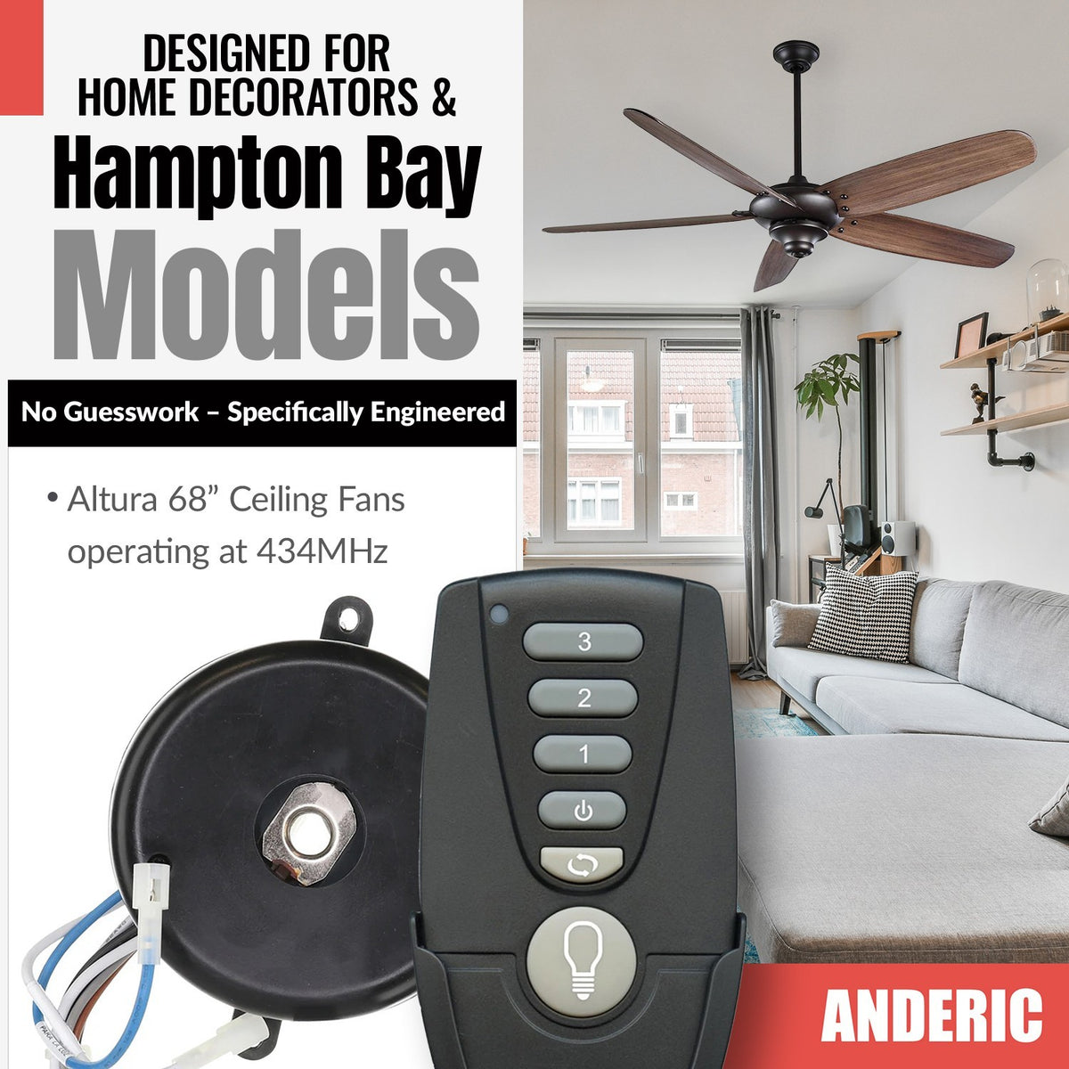 Anderic ceiling fan remote and receiver kit for Altura 68-inch fans, featuring a black remote and plug-in receiver.
