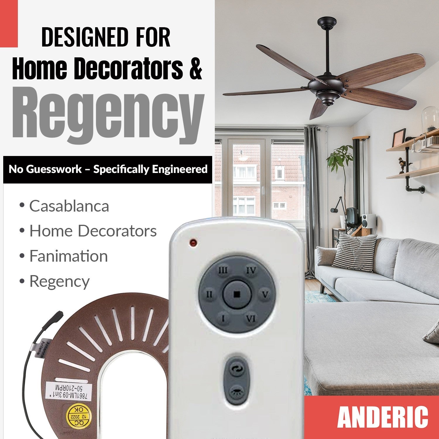 Anderic ceiling fan remote control and receiver kit for Kichler, Home Decorators, and Regency fan systems.