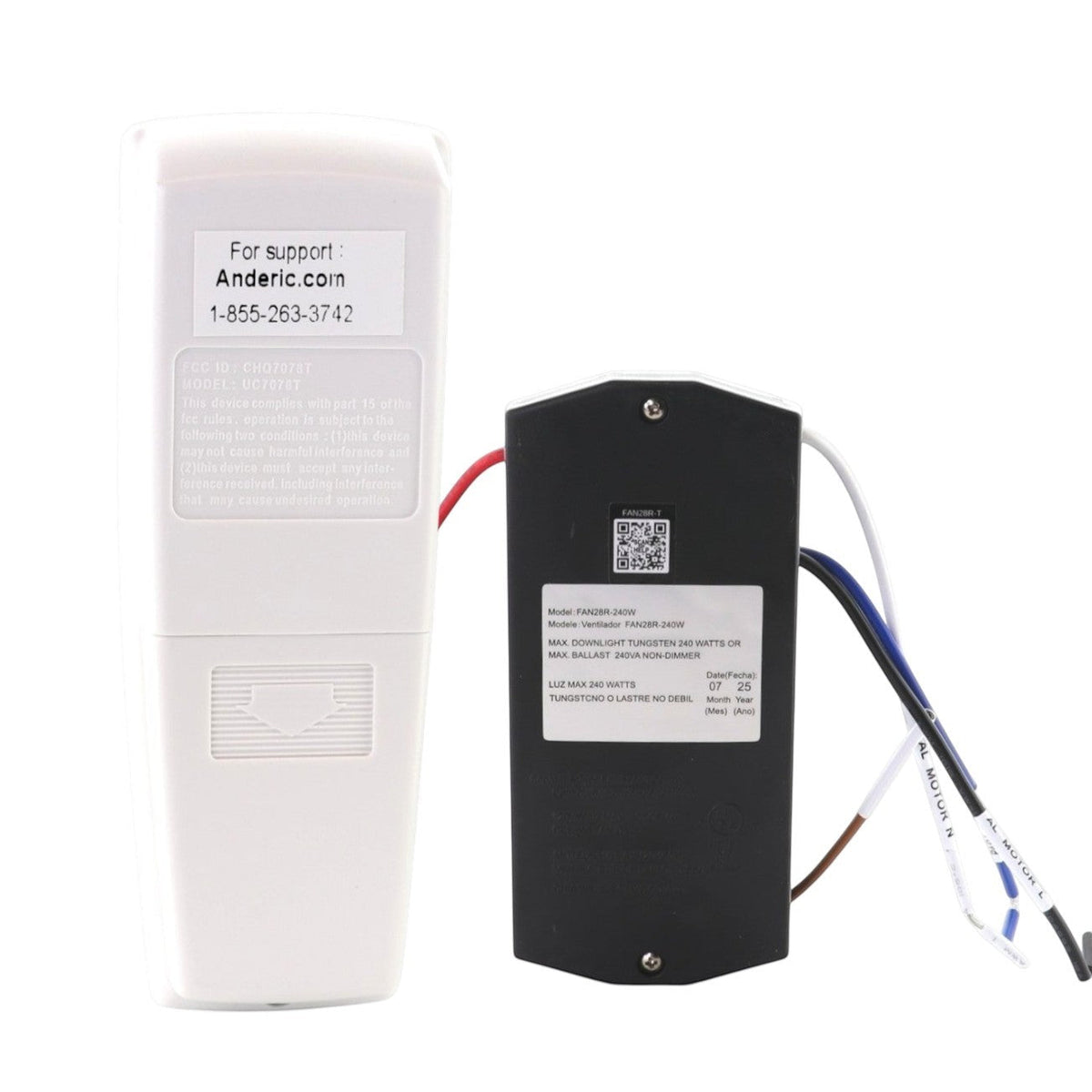 Anderic ceiling fan remote control and receiver kit for Hunter fans with white handheld remote and black receiver unit