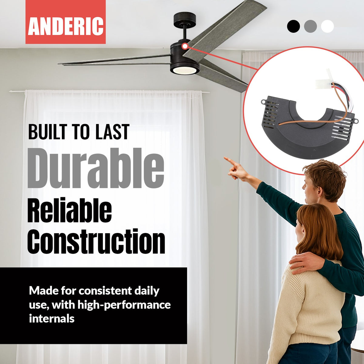 Anderic ceiling fan remote and receiver kit with 9-pin connector for Harbor Breeze fans shown with a modern fan