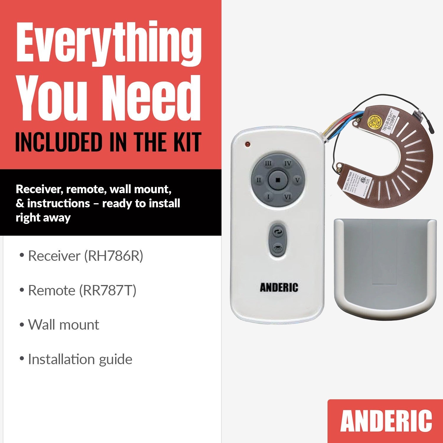 Anderic ceiling fan remote control kit including receiver, remote, wall mount, and installation guide.
