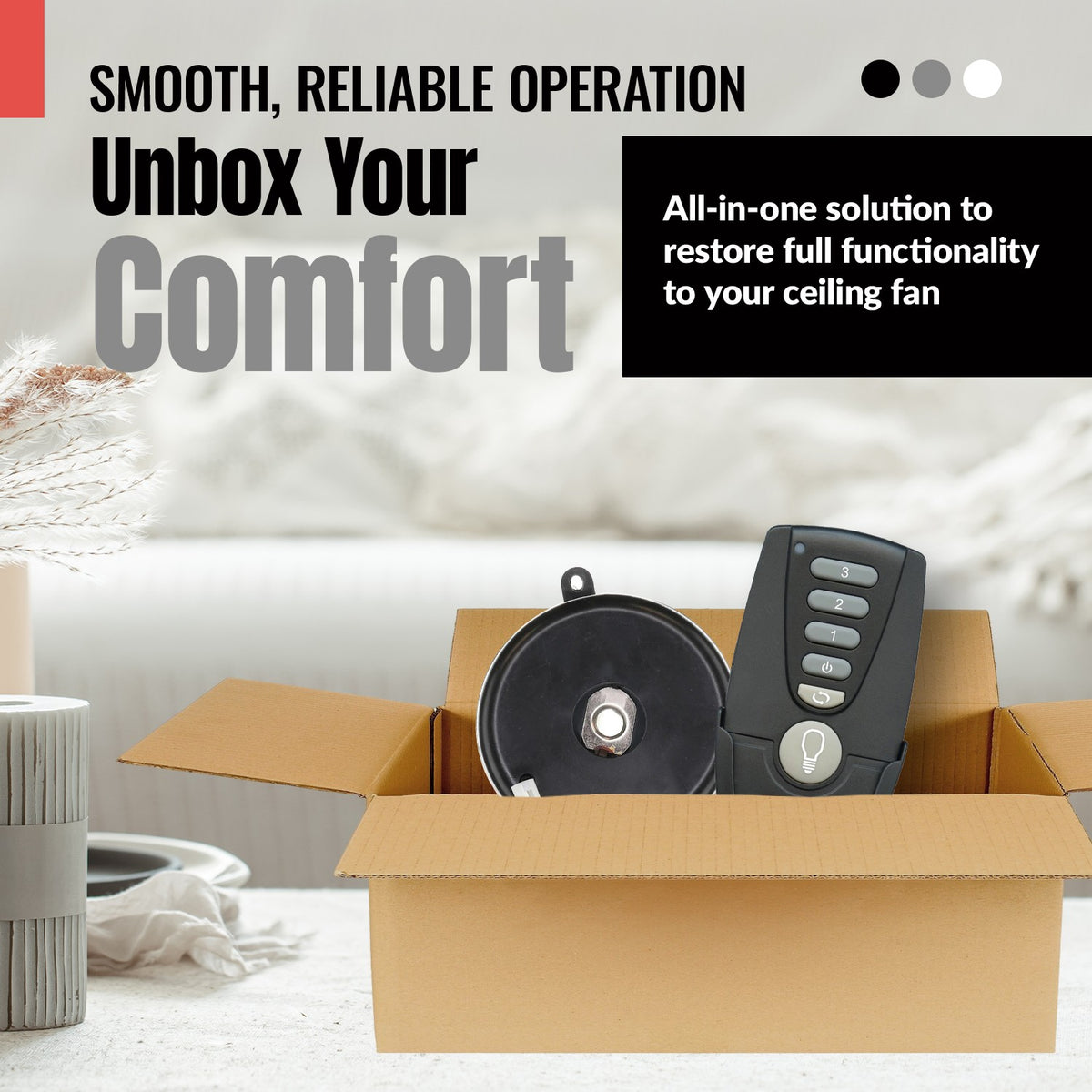 Anderic ceiling fan remote and receiver kit in an open cardboard box for Hunter fan replacement